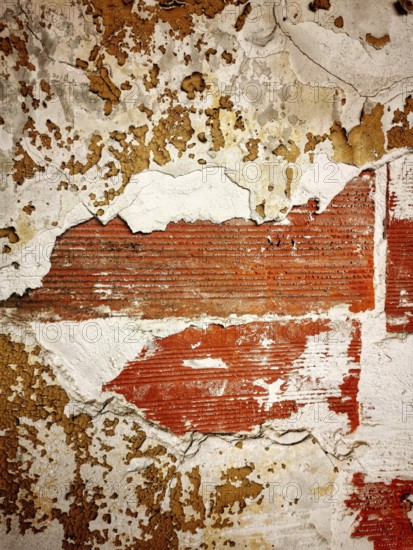 The surface features a combination of peeling paint and exposed brick, highlighting the age and