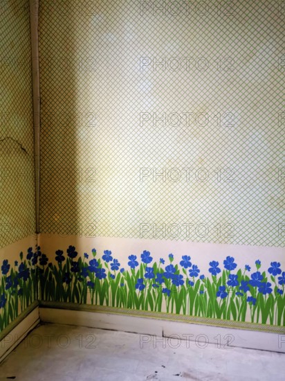 An empty corner room features a unique wall design, showcasing vibrant blue flowers and green grass