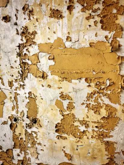 This textured wall features layers of peeling paint in warm yellow and beige tones, revealing the