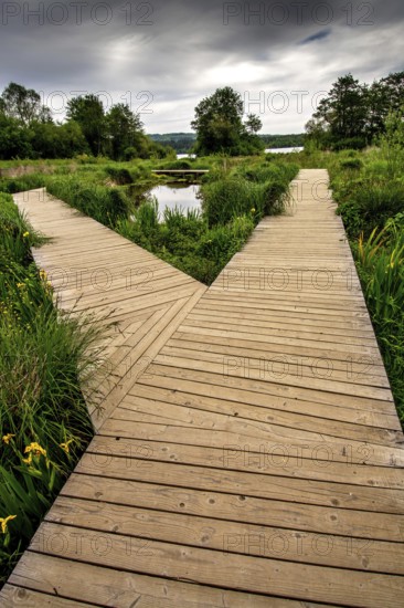 A wooden path stretches through fertile countryside in Auvergne, France, inviting exploration amid