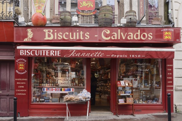 Shop window of a biscuit and Calvados shop, Honfleur, Cote Fleurie, Pays d'Auge, Département