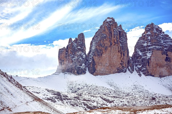 The Three Peaks in the Sesto Dolomites on the border between the provinces of Belluno in the south