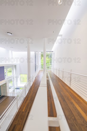 Modern, light-flooded hallway with wooden flooring and large windows, Frieder Burda Museum, Baden