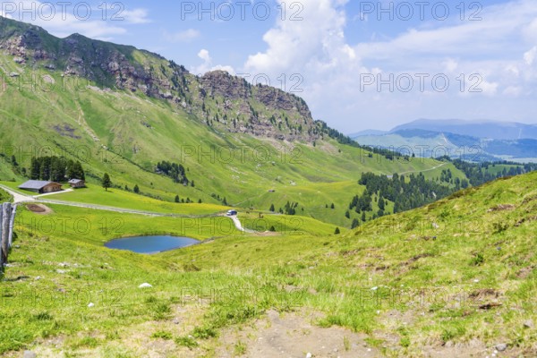 View of a wide mountain landscape with a small lake and green hills under a cloudy sky, Alpe di