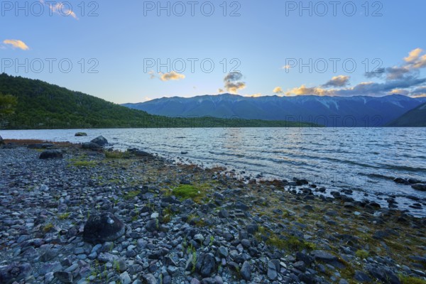 Rocky beach at dusk, calm lake with mountains in the background, summer, Lake Rotoiti, Saint