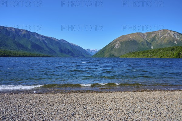 Wide view over a pebble beach to a lake surrounded by mountains, summer, Lake Rotoiti, Saint