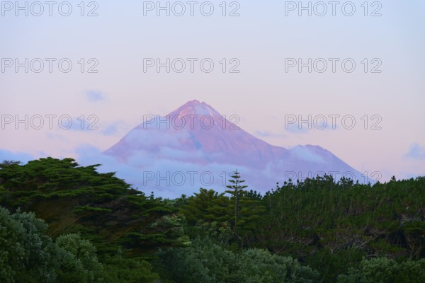 Volcano Mount Taranaki at dusk with clouds and surrounding vegetation, summer, Opunake, Taranaki,