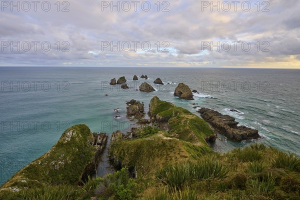 View of a rocky coastal landscape with dramatic cloudy sky, summer, Nugget Point lighthouse,