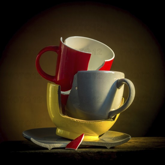 A collection of broken tableware is displayed, featuring a red mug and plate alongside other