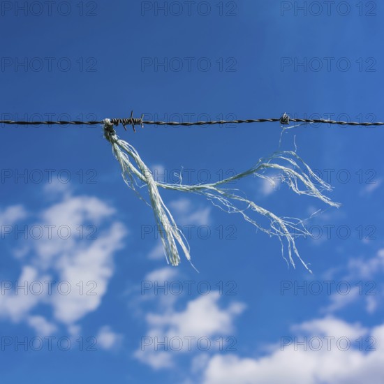 A frayed string hangs from a barbed wire fence, contrasting with the bright blue sky dotted with
