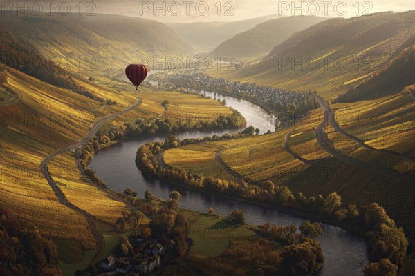 Hot air balloon, over a golden Moselle bend on a sunny autumn day, colourful vineyards along the