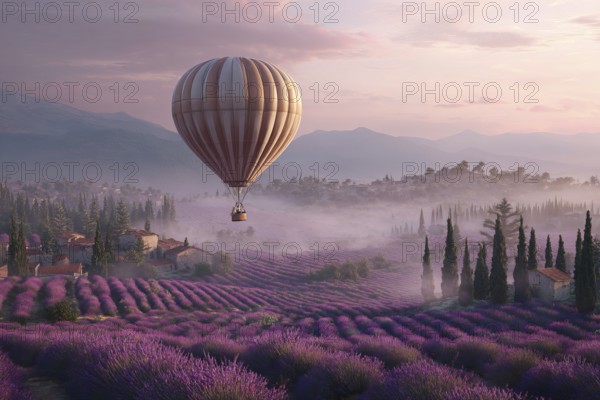 Hot air balloon, early morning over a purple blooming lavender field in rolling hills, light ground