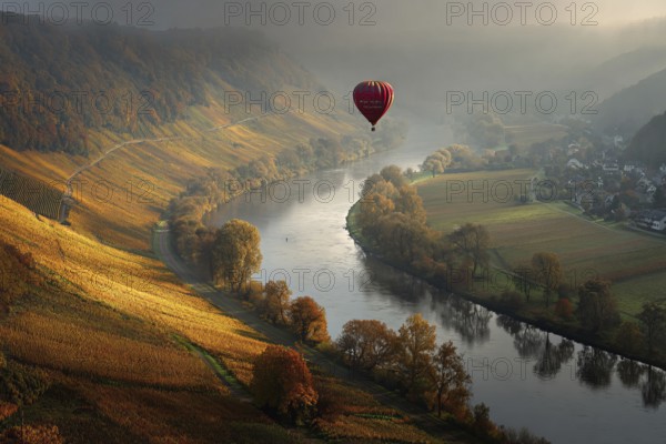 Hot air balloon, over a golden Moselle bend on a sunny autumn day, colourful vineyards along the