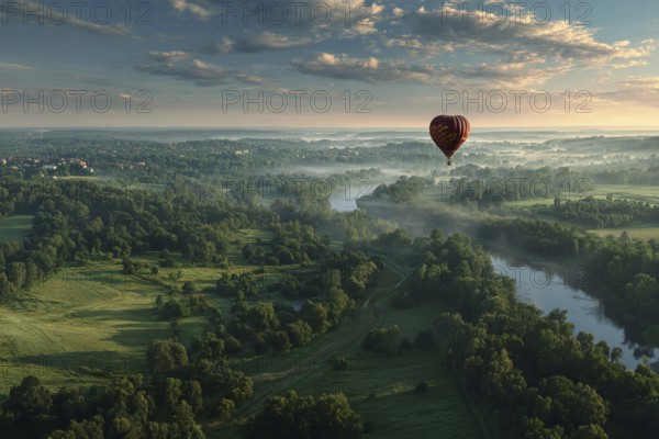 Hot air balloon, hovering over misty forests in soft morning light, view into the valley with river