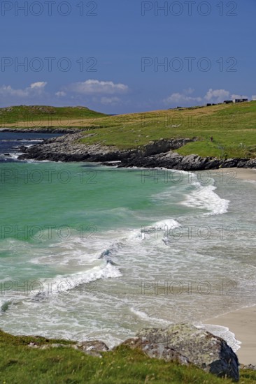 Picturesque coastal landscape with green water and waves meeting the sandy beach under a blue sky,