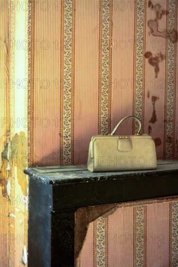 A lonely handbag sits on a worn shelf in an abandoned house, surrounded by peeling wallpaper. The