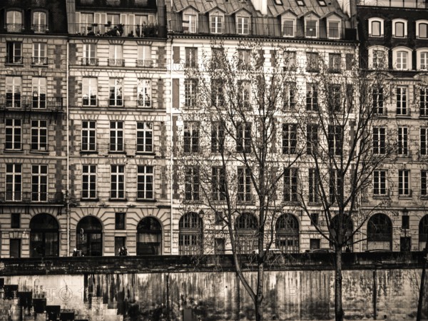 Rows of vintage buildings line the riverbank in Paris, showcasing intricate designs and tall