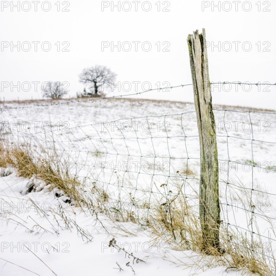 A rustic wooden fence stands in a snowy winter landscape in Auvergne, with a backdrop of stark,