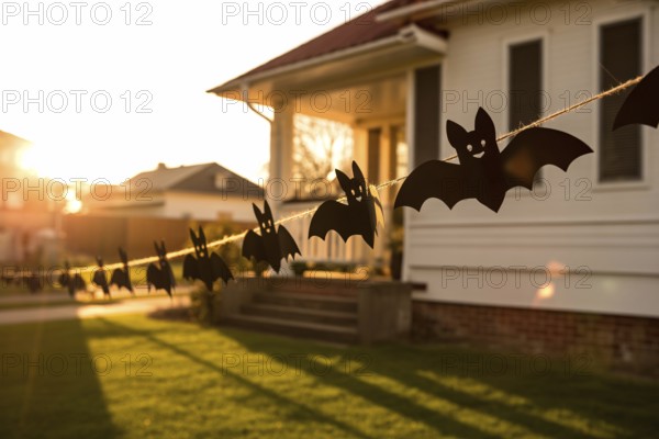 Halloween garland with black paper bats hanging on house facade. Festive outdoor decoration for