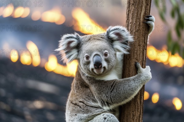 Koala bear clinging to tree with burning forest fire in blurry background. Wildlife endangered by