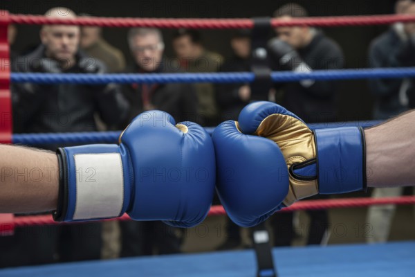 Blue boxer's gloved hands touching fists before a spar. Generative ai, AI generated