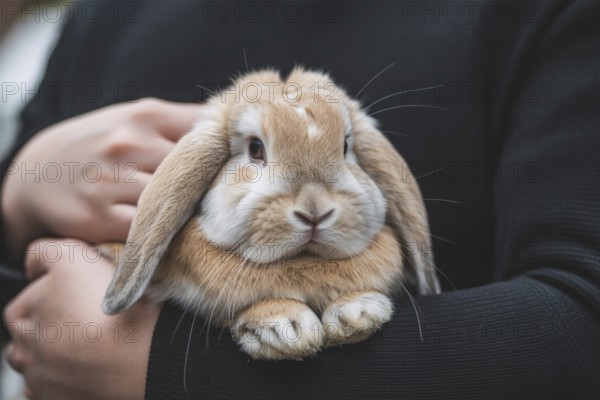 Person holding lop-eared pet bunny in arms. Symbol of gentle pet companionship and animal care.