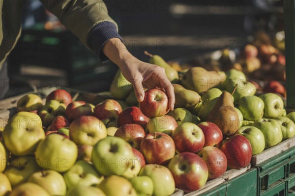 Hand reaching for fresh apples among pears at a farmers market. Concept for seasonal fruit choice