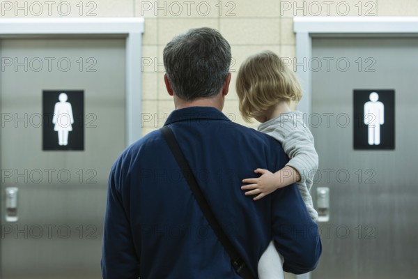 Back view of father with young daughter in front of men's and women's restroom doors. Concept of
