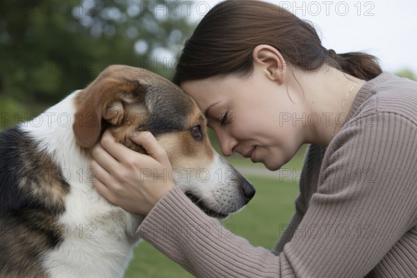 Woman holding dog with foreheads touching. Tender moment of emotional connection between human and