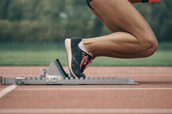 Close-up of female athlete in running shoes on starting block at running track. Concept of speed