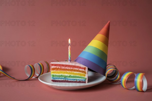Slice of rainbow birthday cake with party hat and streamers on bright red background. Generative