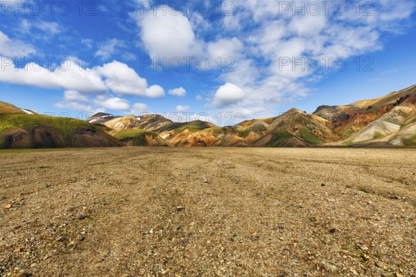 Volcanic landscape, colourful rhyolite mountains, Cumulus, Landmannalaugar, remote hiking area in