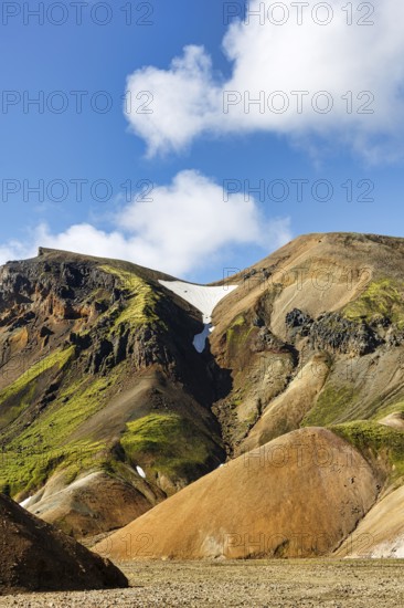 Volcanic landscape, colourful rhyolite mountains, Cumulus, Landmannalaugar, remote hiking area in
