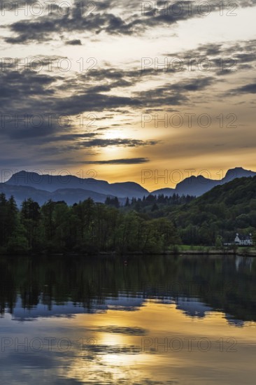 Sunset over Windermere Lake, Ambleside, Lake District, Cumbria, England, United Kingdom