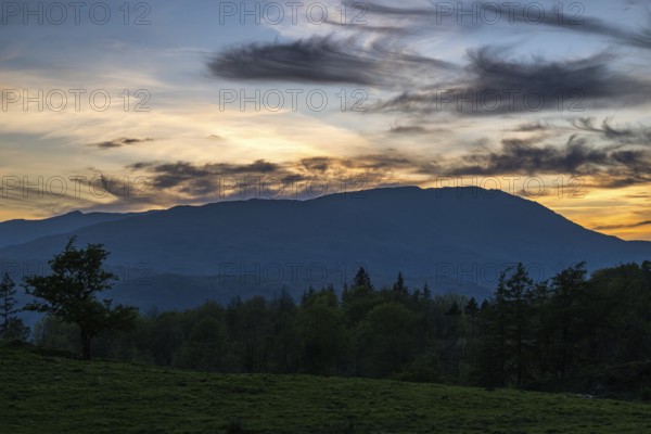Sunset over Mountains in Lake District National Park over Coniston Water, Cumbria, England, United