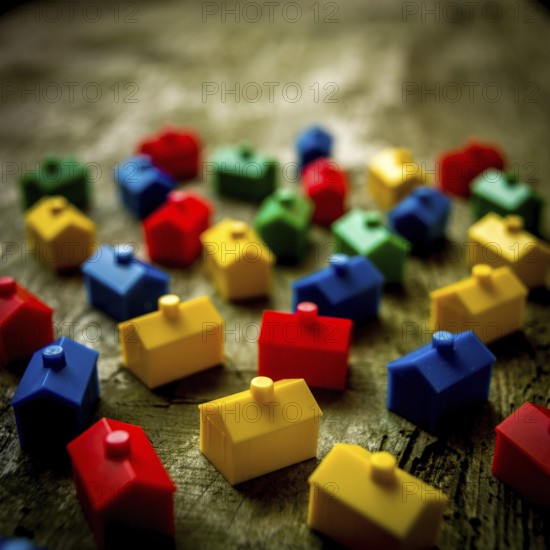 Numerous small houses in bright colors are arranged on a textured wooden surface, inspiring a