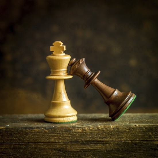 Two intricately designed chess pieces, a golden king and a dark queen, lean against each other on