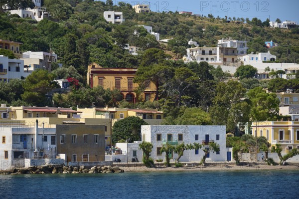 Colourful houses embedded in green vegetation on the coast, Lakki, Leros, Dodecanese, Greek