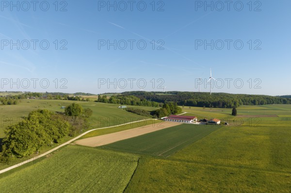 Farm, green fields stretch out under a blue sky, with wind turbines in the distance, near