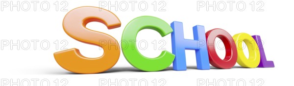 Plastic magnetic letters in perspective with drop shadow spelling the word school isolated on a