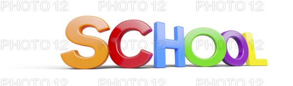 Angled plastic magnetic letters with drop shadow spelling the word school isolated on a white