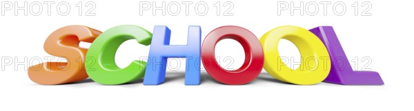 Low angle plastic magnetic letters with drop shadow spelling the word school isolated on a white