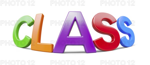 Plastic magnetic letters with fisheye lens and drop shadow spelling the word class isolataed on a