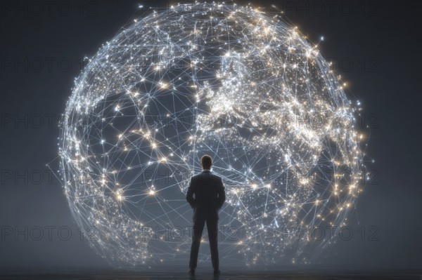 Businessman standing in front of the illuminated globe that shows light interconnections over the