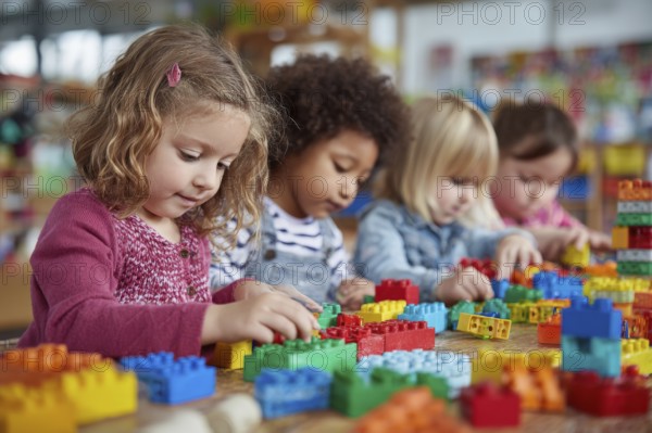 Children developing creativity while playing painting and drawing games at the table at daycare
