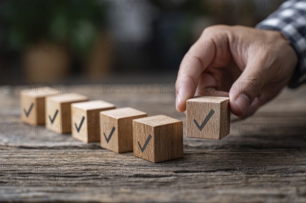 Checklist and task progress tracking concept. A hand placing the final checkmark on wooden blocks