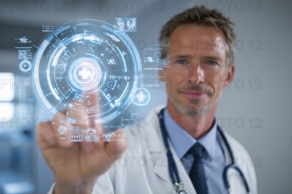 Doctor touching a medical interface in the hospital. Concept of new medical technologies and