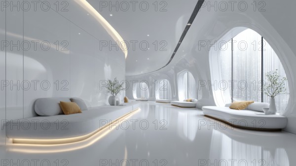 Bright futuristic living room with curved built-in sofa, oval windows create a glowing ambiance.