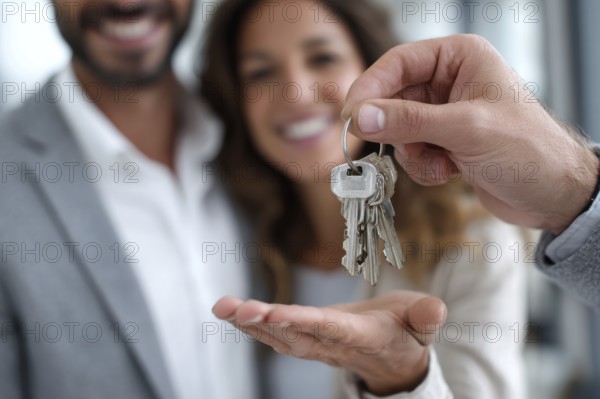 Close up of real estate agent giving house keys to happy couple. New property owners, american