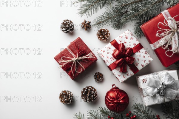 Christmas and New Year holiday background. Xmas greeting card and gifts on white background top